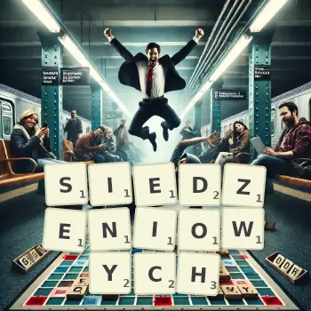 Kreatywna ilustracja do gry w Scrabble ze słowem SIEDZENIOWYCH ułożonym z płytek na planszy.