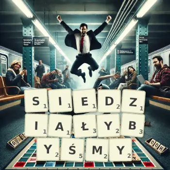 Kreatywna ilustracja do gry w Scrabble ze słowem SIEDZIAŁYBYŚMY ułożonym z płytek na planszy.
