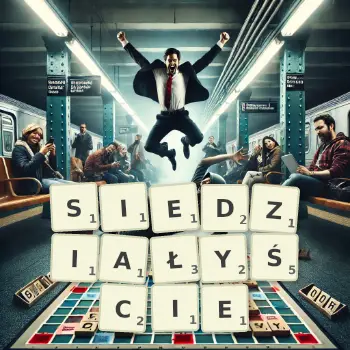 Kreatywna ilustracja do gry w Scrabble ze słowem SIEDZIAŁYŚCIE ułożonym z płytek na planszy.