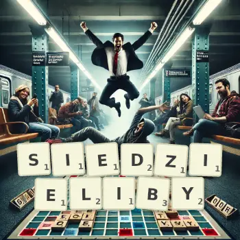 Kreatywna ilustracja do gry w Scrabble ze słowem SIEDZIELIBY ułożonym z płytek na planszy.