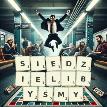 Kreatywna ilustracja do gry w Scrabble ze słowem SIEDZIELIBYŚMY ułożonym z płytek na planszy.