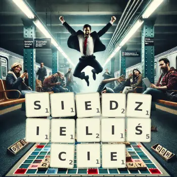 Kreatywna ilustracja do gry w Scrabble ze słowem SIEDZIELIŚCIE ułożonym z płytek na planszy.
