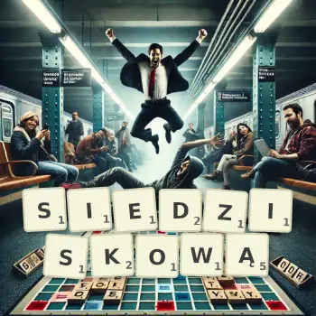 Kreatywna ilustracja do gry w Scrabble ze słowem SIEDZISKOWĄ ułożonym z płytek na planszy.