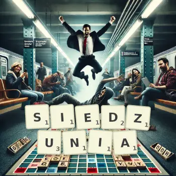 Kreatywna ilustracja do gry w Scrabble ze słowem SIEDZUNIA ułożonym z płytek na planszy.