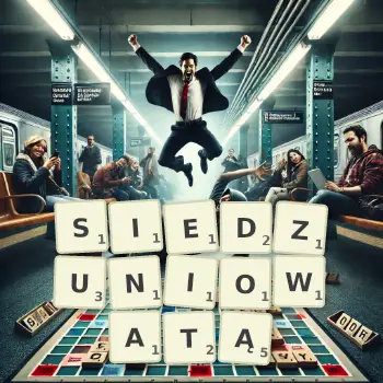 Kreatywna ilustracja do gry w Scrabble ze słowem SIEDZUNIOWATĄ ułożonym z płytek na planszy.