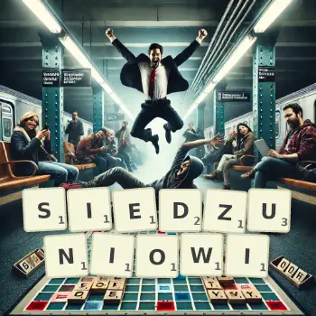 Kreatywna ilustracja do gry w Scrabble ze słowem SIEDZUNIOWI ułożonym z płytek na planszy.