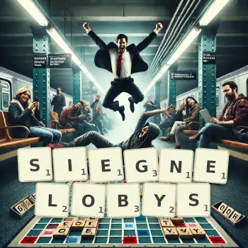 Kreatywna ilustracja do gry w Scrabble ze słowem SIEGNELOBYS ułożonym z płytek na planszy.