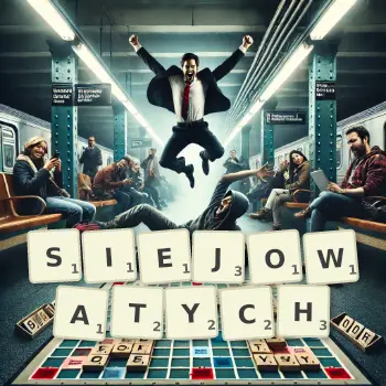 Kreatywna ilustracja do gry w Scrabble ze słowem SIEJOWATYCH ułożonym z płytek na planszy.