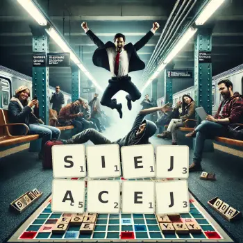 Kreatywna ilustracja do gry w Scrabble ze słowem SIEJĄCEJ ułożonym z płytek na planszy.