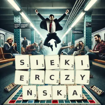 Kreatywna ilustracja do gry w Scrabble ze słowem SIEKIERCZYŃSKA ułożonym z płytek na planszy.