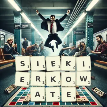 Kreatywna ilustracja do gry w Scrabble ze słowem SIEKIERKOWATE ułożonym z płytek na planszy.