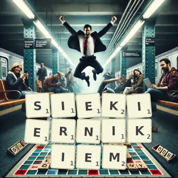 Kreatywna ilustracja do gry w Scrabble ze słowem SIEKIERNIKIEM ułożonym z płytek na planszy.