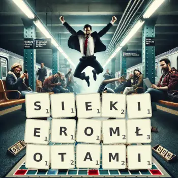Kreatywna ilustracja do gry w Scrabble ze słowem SIEKIEROMŁOTAMI ułożonym z płytek na planszy.