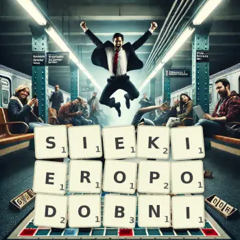 Kreatywna ilustracja do gry w Scrabble ze słowem SIEKIEROPODOBNI ułożonym z płytek na planszy.