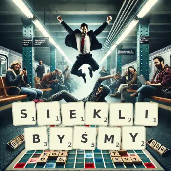 Kreatywna ilustracja do gry w Scrabble ze słowem SIEKLIBYŚMY ułożonym z płytek na planszy.