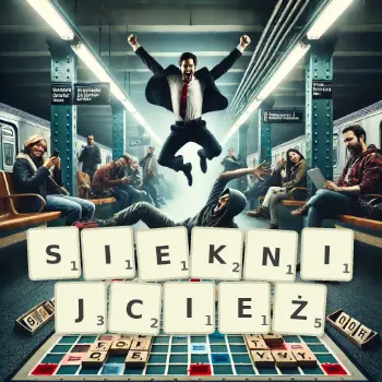Kreatywna ilustracja do gry w Scrabble ze słowem SIEKNIJCIEŻ ułożonym z płytek na planszy.