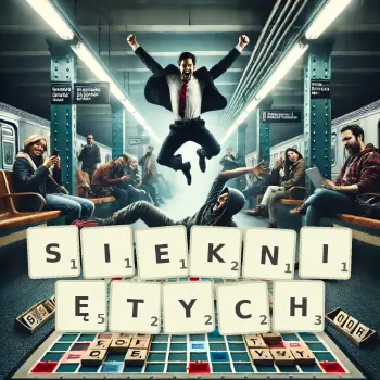 Kreatywna ilustracja do gry w Scrabble ze słowem SIEKNIĘTYCH ułożonym z płytek na planszy.