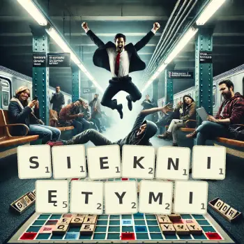 Kreatywna ilustracja do gry w Scrabble ze słowem SIEKNIĘTYMI ułożonym z płytek na planszy.