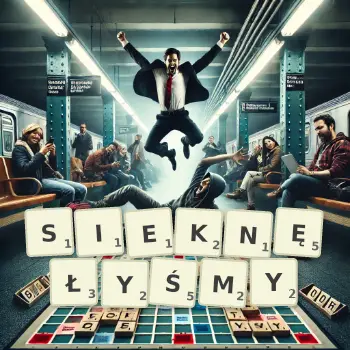 Kreatywna ilustracja do gry w Scrabble ze słowem SIEKNĘŁYŚMY ułożonym z płytek na planszy.