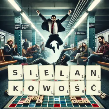 Kreatywna ilustracja do gry w Scrabble ze słowem SIELANKOWOŚĆ ułożonym z płytek na planszy.