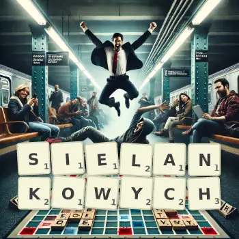 Kreatywna ilustracja do gry w Scrabble ze słowem SIELANKOWYCH ułożonym z płytek na planszy.