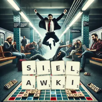 Kreatywna ilustracja do gry w Scrabble ze słowem SIELAWKI ułożonym z płytek na planszy.