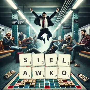 Kreatywna ilustracja do gry w Scrabble ze słowem SIELAWKO ułożonym z płytek na planszy.