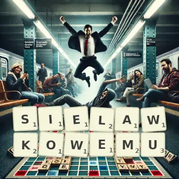 Kreatywna ilustracja do gry w Scrabble ze słowem SIELAWKOWEMU ułożonym z płytek na planszy.