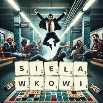 Kreatywna ilustracja do gry w Scrabble ze słowem SIELAWKOWI ułożonym z płytek na planszy.