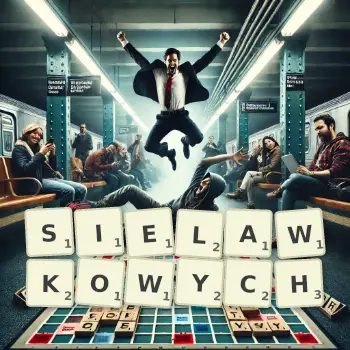 Kreatywna ilustracja do gry w Scrabble ze słowem SIELAWKOWYCH ułożonym z płytek na planszy.