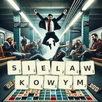 Kreatywna ilustracja do gry w Scrabble ze słowem SIELAWKOWYM ułożonym z płytek na planszy.