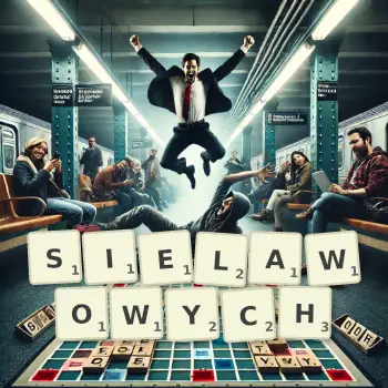 Kreatywna ilustracja do gry w Scrabble ze słowem SIELAWOWYCH ułożonym z płytek na planszy.