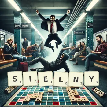 Kreatywna ilustracja do gry w Scrabble ze słowem SIELNY ułożonym z płytek na planszy.