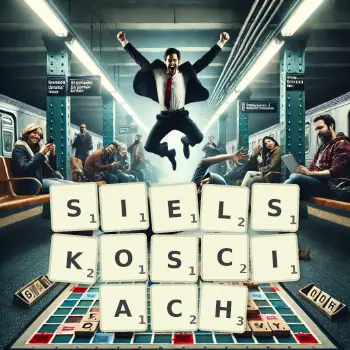 Kreatywna ilustracja do gry w Scrabble ze słowem SIELSKOSCIACH ułożonym z płytek na planszy.