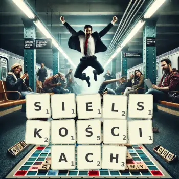 Kreatywna ilustracja do gry w Scrabble ze słowem SIELSKOŚCIACH ułożonym z płytek na planszy.