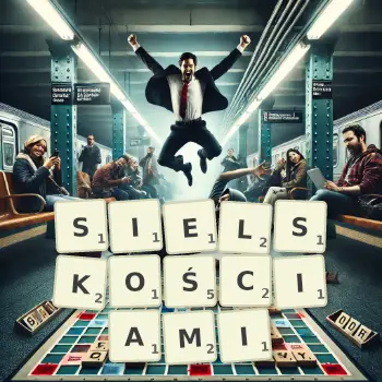 Kreatywna ilustracja do gry w Scrabble ze słowem SIELSKOŚCIAMI ułożonym z płytek na planszy.