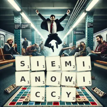 Kreatywna ilustracja do gry w Scrabble ze słowem SIEMIANOWICCY ułożonym z płytek na planszy.