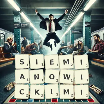 Kreatywna ilustracja do gry w Scrabble ze słowem SIEMIANOWICKIMI ułożonym z płytek na planszy.