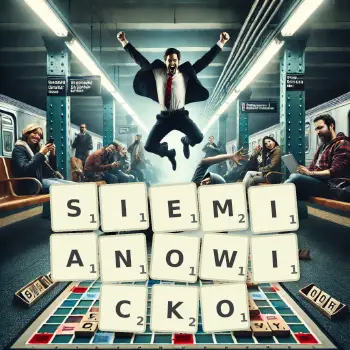 Kreatywna ilustracja do gry w Scrabble ze słowem SIEMIANOWICKO ułożonym z płytek na planszy.