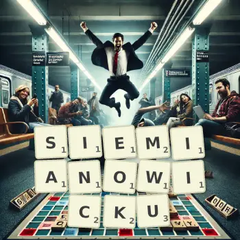 Kreatywna ilustracja do gry w Scrabble ze słowem SIEMIANOWICKU ułożonym z płytek na planszy.