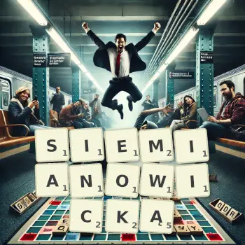 Kreatywna ilustracja do gry w Scrabble ze słowem SIEMIANOWICKĄ ułożonym z płytek na planszy.