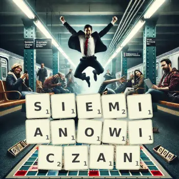 Kreatywna ilustracja do gry w Scrabble ze słowem SIEMIANOWICZAN ułożonym z płytek na planszy.