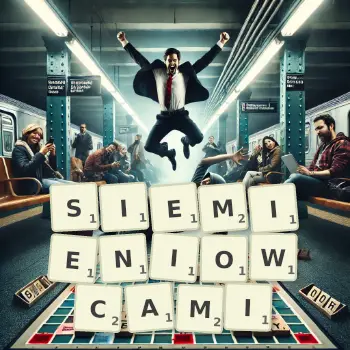 Kreatywna ilustracja do gry w Scrabble ze słowem SIEMIENIOWCAMI ułożonym z płytek na planszy.