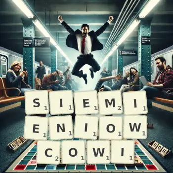 Kreatywna ilustracja do gry w Scrabble ze słowem SIEMIENIOWCOWI ułożonym z płytek na planszy.