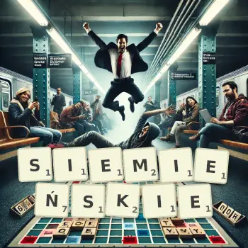 Kreatywna ilustracja do gry w Scrabble ze słowem SIEMIEŃSKIE ułożonym z płytek na planszy.