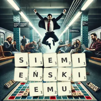 Kreatywna ilustracja do gry w Scrabble ze słowem SIEMIEŃSKIEMU ułożonym z płytek na planszy.