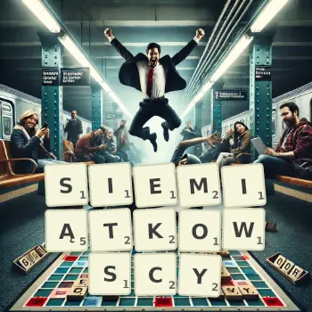 Kreatywna ilustracja do gry w Scrabble ze słowem SIEMIĄTKOWSCY ułożonym z płytek na planszy.