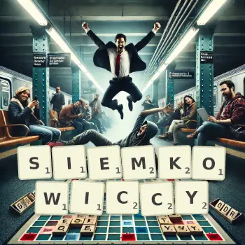 Kreatywna ilustracja do gry w Scrabble ze słowem SIEMKOWICCY ułożonym z płytek na planszy.