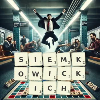 Kreatywna ilustracja do gry w Scrabble ze słowem SIEMKOWICKICH ułożonym z płytek na planszy.