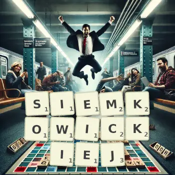 Kreatywna ilustracja do gry w Scrabble ze słowem SIEMKOWICKIEJ ułożonym z płytek na planszy.